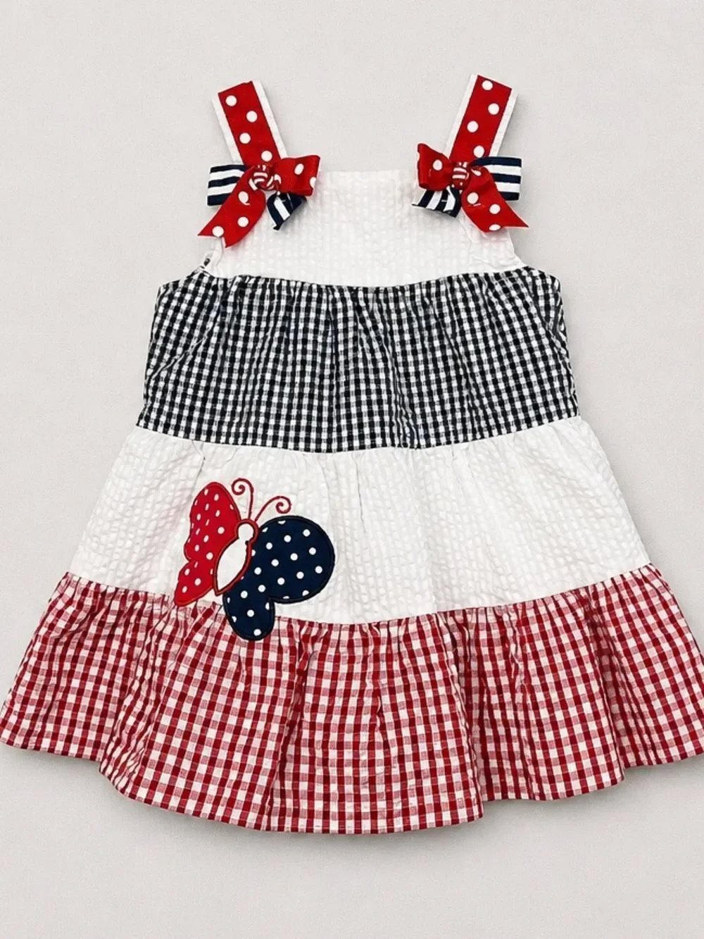 Rare Editions red white blue tiered Searsucker Patriotic dress butterfly accent